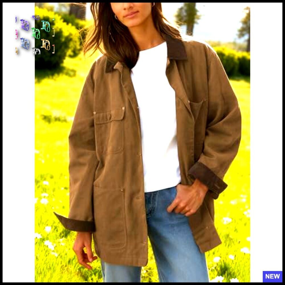 Oversized Cotton Barn Jacket Corduroy Collar Vintage Workwear with Pockets - Picture 4 of 7